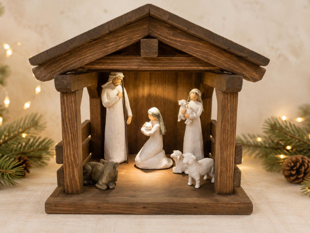 貴重ヴィンテージ未使用クリッペ木製ミニクリスマスキリスト降誕セット16個モミの木 Handcrafted Wood Nativity Stable, Rustic Christmas Manger, Creche