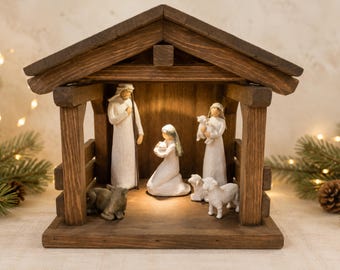 Handcrafted Nativity Stable, Slatted Roof Creche, Walnut Stained