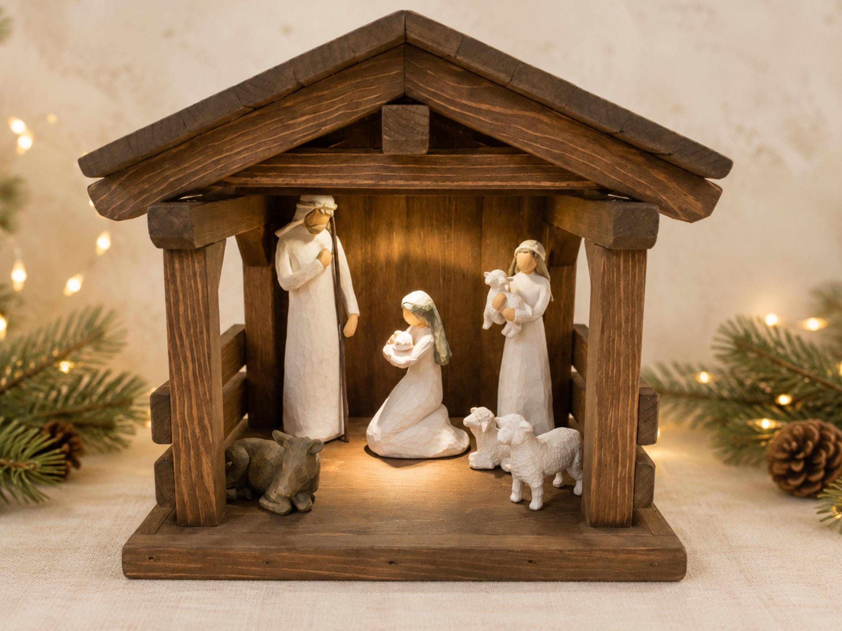 Handcrafted Wood Nativity Stable, Rustic Christmas Manger, Creche
