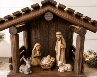 Hand Crafted Walnut Stained Wood Nativity Scene Stable Manger: 16x11.5x12.5