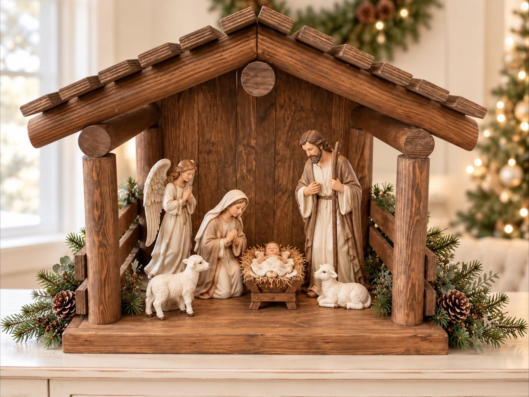 ネイティビティシーン キリスト誕生 ジオラマ フィギュア 木製 クリスマス装飾 Large Hand Crafted Wood Nativity Scene Stable, Traditional Creche