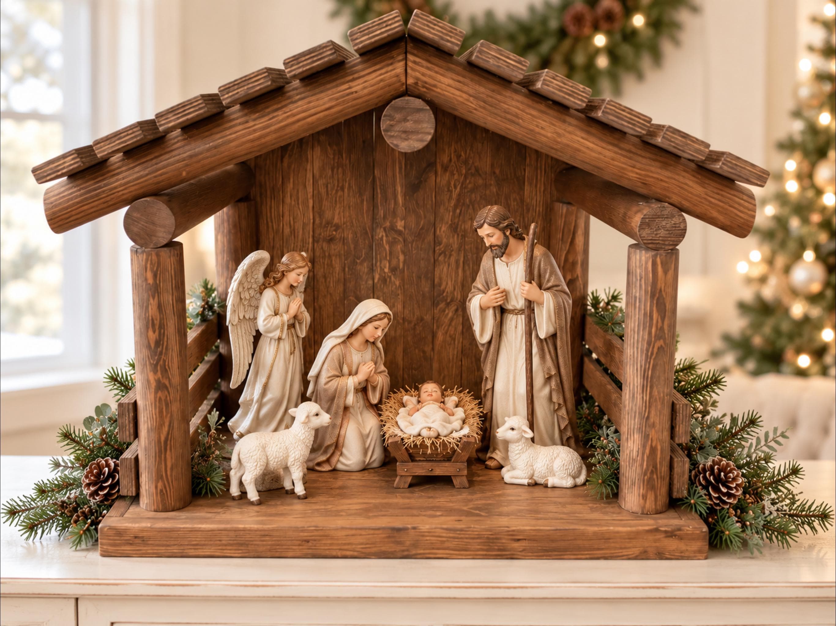 Large Hand Crafted Wood Nativity Scene Stable, Traditional Creche