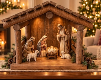 Large Hand Crafted Wood Nativity Scene Stable, Traditional Creche