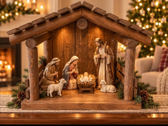 Large Hand Crafted Wood Nativity Scene Stable, Traditional Creche