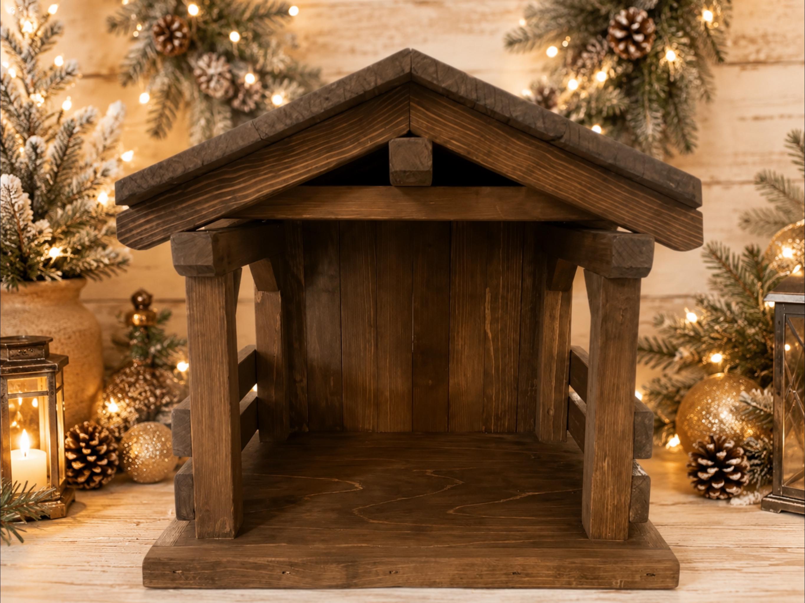 Handcrafted Wood Nativity Stable, Rustic Christmas Manger, Creche