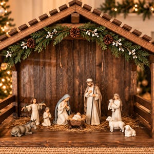 May include: A wooden nativity set featuring figurines of the holy family, an angel, and animals arranged inside a rustic stable structure. The stable is decorated with evergreen branches, pinecones, and white berries, with lanterns on each side.