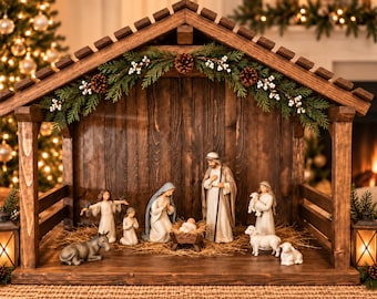 Large Hand Crafted Wood Nativity Scene Stable, Traditional Creche