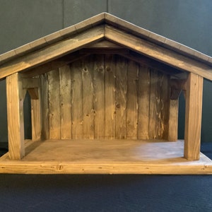 Ready to Ship, Solid Roof Nativity Stable, 21”x14 1/2”x10 1/2”,  med. walnut, all season  nativity display , family heirloom