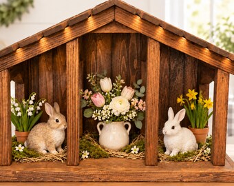 Handcrafted Nativity Stable, Slatted Roof Creche, Walnut Stained
