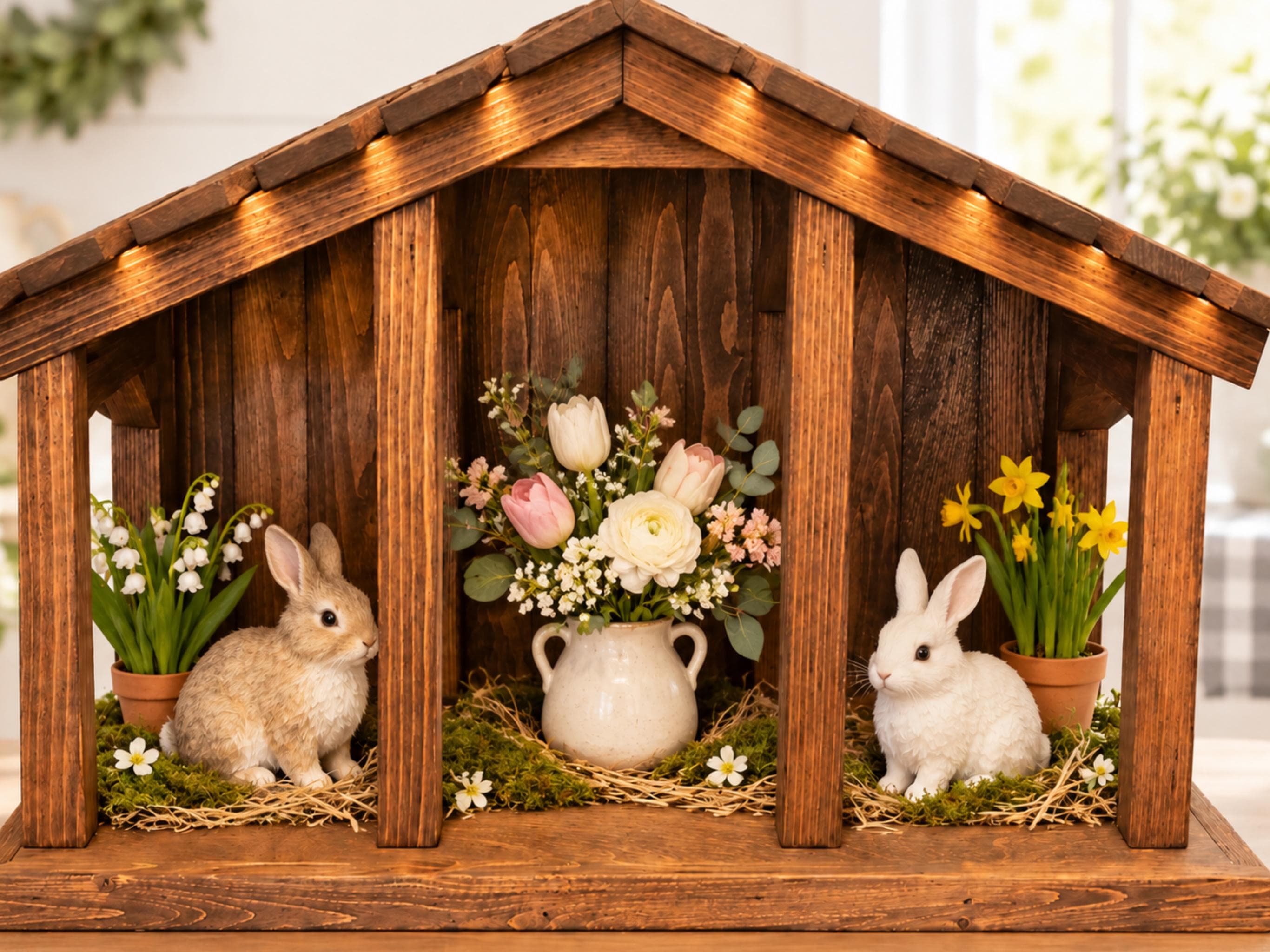 Handcrafted Nativity Stable, Slatted Roof Creche, Walnut Stained
