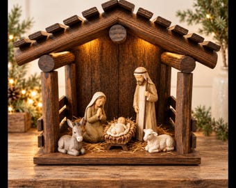 Hand Crafted Walnut Stained Wood Nativity Scene Stable Manger: 16x11.5x12.5