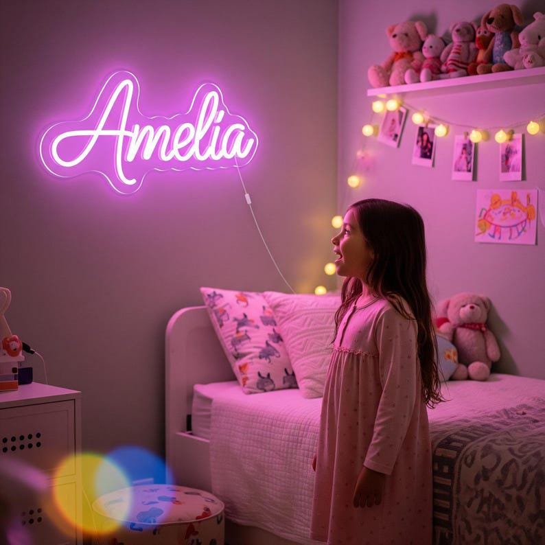 May include: A pink neon sign displaying the name "Amelia" in a cursive font, mounted on a wall. The room is lit with soft pink light, and a young girl in a pink dress is looking up at the sign. A bed, shelf with toys, and string lights are also visible.