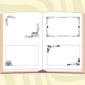 May include: An open book with four blank pages, each with a different decorative border. The borders include a floral design, a geometric design, a floral design, and a geometric design.