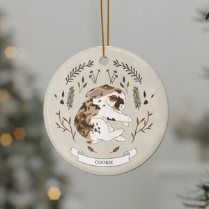 Op maat gemaakt keramisch konijnornament voor je konijn | Gepersonaliseerd, geïllustreerd wit en bruin gevlekt konijnornament met naam