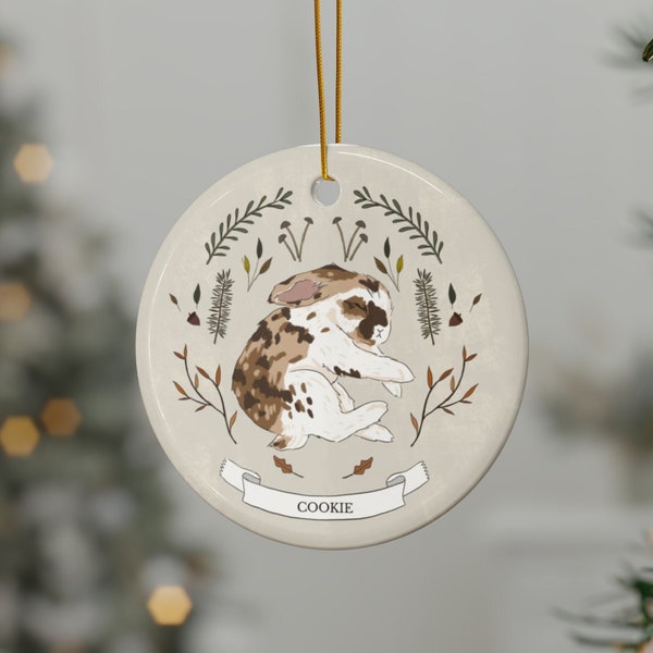 Custom Ceramic Rabbit Ornament for Your Pet Bunny | Personalized, Illustrated White & Brown Spotted Bunny Ornament with Name