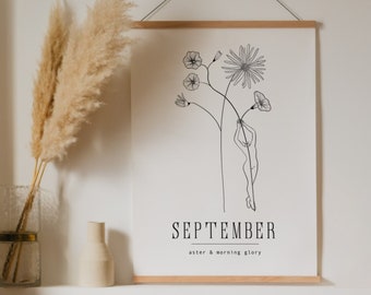 September Geboortemaand Flower Art Print 8x10 | Aster & Morning Glory Artwork | Verjaardag Art | Eenvoudige botanische illustratie