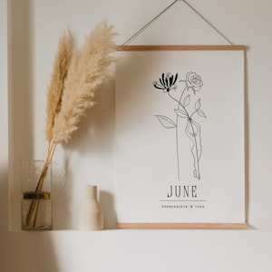 June Birth Month Flower Art 8x10 | Minimal Flower Line Art | Honeysuckle and Rose Wall Art | Personal Birthday Gift Artwork | Simple Artwork