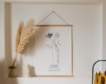 PRINTABLE June Birth Month Flower | Minimal Floral Line Art | Honeysuckle & Rose | Birthday Art | Simple Botanical Illustration
