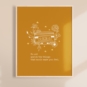Printable Retro Music Cassette Tape Wall Art | Inspirational Quote | Boho Decor | Simple Flower Illustration | Line Art  | Digital Download
