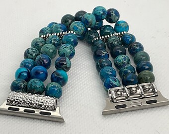 Deep Blue Sea Sediment Jasper Customizable Beaded Apple Watch Band