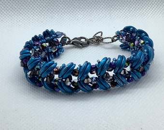 Dark Teal & Silver Crystal Crescent Bracelet