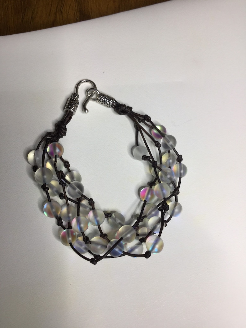 Iridescent Beads on Brown 5-Strand Bracelet
