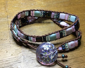 Pink, Mint, Metallic Green Leather Wrap Bracelet