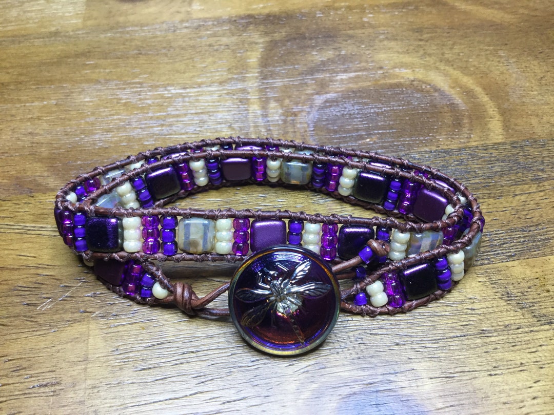 Purple and Tan Leather Wrap Bracelet Etsy