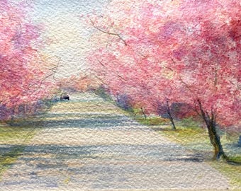 Serenity Pathway: Spring Blossom Watercolor Painting