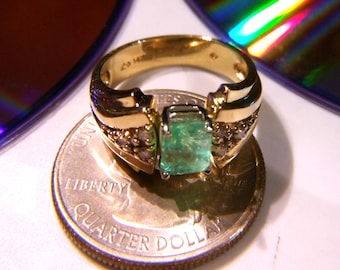 New 14K Gold 6 Diamond 1.15 Carat Real Colombian Emerald Ring Palm Beach Artist Design Size 7