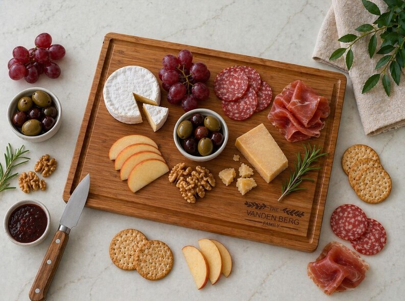 K&ouml;nnte beinhalten: Ein Holz-Charcuterie-Brett mit Trauben, K&auml;se, Oliven, Salami und Crackern. Das Brett ist mit "THE VANDEN BERG FAMILY" graviert. Ein Messer und kleine Schalen mit Marmelade und Oliven sind ebenfalls vorhanden. Das Brett misst ca. 30 cm x 40 cm.