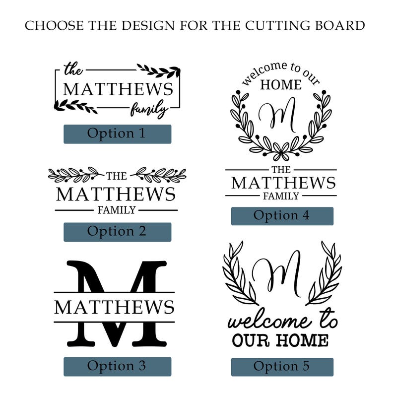 K&ouml;nnte beinhalten: Das Bild zeigt f&uuml;nf Designoptionen f&uuml;r ein Schneidebrett in Schwarz und Wei&szlig;. Jedes Design enth&auml;lt Text wie "The Matthews Family" und "Welcome to Our Home". Jedes Design ist mit einer Optionsnummer versehen.