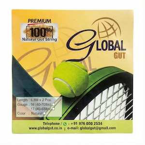 May include: A tennis ball rests on a green and black tennis racket, with the text "GLOBAL GUT" in a stylized font. The packaging includes details about the natural gut string, including the length of 6.5 meters, and gauge options.