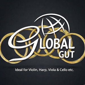 Op de afbeelding: Het logo "GLOBAL GUT" in wit, met een gestileerde "G" en in elkaar grijpende gouden cirkels. Een witte wereldbol-afbeelding staat boven de tekst. De tekst "Ideal for Violin, Harp, Viola & Cello etc." staat onderaan.