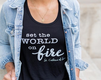 SALE, Inspirational Workout Yoga Tank Top, Set the World on Fire, Catherine of Siena, Inspirational Quotes, Soft Yoga Workout Tank, DISCOUNT