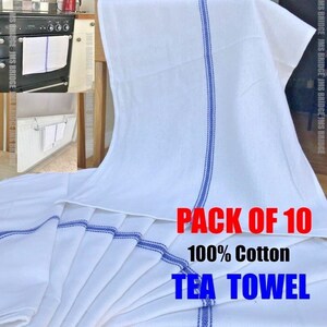 White Cotton Tea Towels with Blue Stripe (Pack of 10)