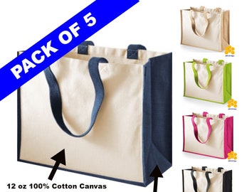 Jute Hessian Cotton Canvas Juco Classic Plain Tote Classic Burlap Burlapp Shopper Shopping Bag Ideal for Printers & Printing ( Pack of 5 )