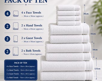 10-Piece White Cotton Towel Set, 500gsm Absorbent Bathroom Bundle