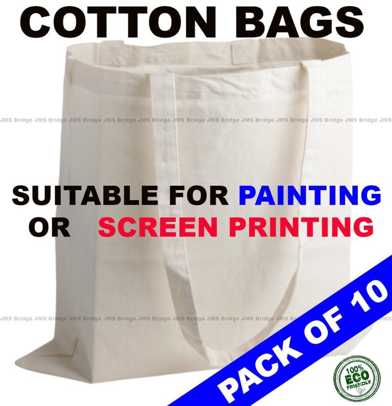 May include: A pack of 10 white cotton tote bags, suitable for painting or screen printing. The bags are made of natural cotton and are eco-friendly. The text "PACK OF 10" is printed in blue on a white background.
