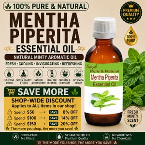 Puede incluir: Una botella de vidrio marrón de aceite esencial de Mentha Piperita con tapa blanca y una etiqueta verde y blanca que muestra un gráfico de hoja de menta. La etiqueta incluye textos como 100% Pure & Natural, Mentha Piperita Essential Oil y Fresh Minty Scent.