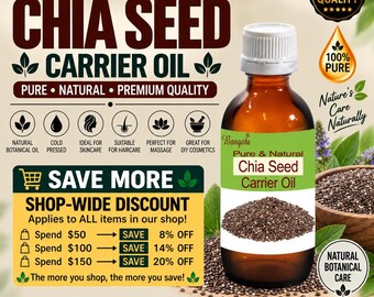 May include: A brown glass bottle of Bangola Pure & Natural Chia Seed Carrier Oil with a white cap. The label features text including Chia Seed Carrier Oil, 100% Pure & Natural, and a graphic of chia seeds. The background displays promotional text.