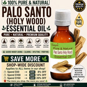 Palo Santo eterisk olja, ren naturlig, heligt trä, aromaterapi, meditation, avslappning, användning för diffusor