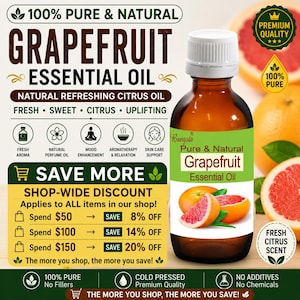 Op de afbeelding: Een bruine glazen fles met Bangota Pure & Natural Grapefruit Essential Oil met een witte dop. Het etiket bevat de tekst 100% Pure & Natural, Grapefruit Essential Oil en afbeeldingen van grapefruit. De fles is omringd door diverse teksten.