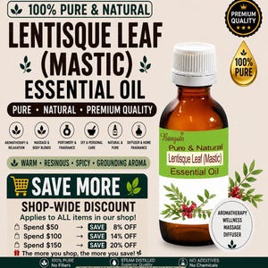 Può includere: Un flacone in vetro marrone di olio essenziale di Lentisco (Mastice) Bangota con tappo bianco. L'etichetta presenta accenti verdi, testo che include 100% Pure & Natural e illustrazioni di foglie e bacche di lentisco.
