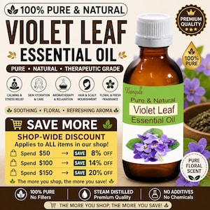 May include: A brown glass bottle of Violet Leaf Essential Oil with a white cap and green label. The label features a violet flower illustration. Text includes "Pure & Natural" and "Therapeutic Grade".