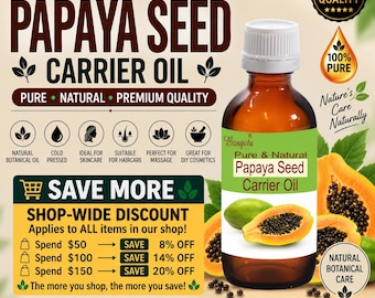 May include: A bottle of Bangota Papaya Seed Carrier Oil with a white cap and a green label featuring a papaya fruit illustration. The label text reads Pure & Natural Papaya Seed Carrier Oil. The background displays promotional text and icons.