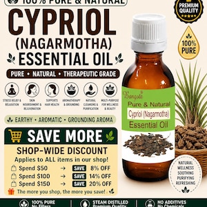 May include: A brown glass bottle of Cypriol (Nagarmotha) essential oil with a white cap and green label. The label reads "Pure & Natural". The image includes text about the product's benefits and a shop-wide discount.
