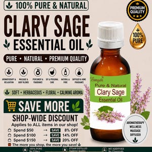 Può includere: Un flacone in vetro marrone di olio essenziale di salvia sclarea Bangota con tappo bianco ed etichetta verde raffigurante fiori di salvia sclarea viola. L'etichetta riporta il testo Pure & Natural Clary Sage Essential Oil.