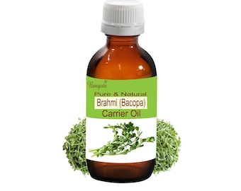 May include: A brown glass bottle with a white cap, labeled "Pure & Natural Brahmi (Bacopa) Carrier Oil" with a green leaf sprig on the label. The bottle is surrounded by green leafy sprigs.