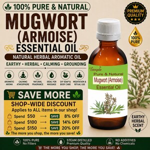 May include: A brown glass bottle of Mugwort (Armoise) essential oil with a white cap and a green label featuring an illustration of the plant. The label text reads Bangota Pure & Natural Mugwort (Armoise) Essential Oil with an earthy herbal scent.